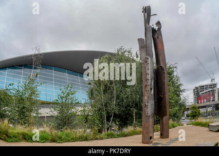 911 steel beam structure In The Olympic Park, London, UK. 11th September 2018. The 911 steel beam structure a Memorial In The Olympic Park. A memories of September 11, 2001 attack of 3,000 death. The world never is the same again 17 years later from Al Qaeda ’s to Taliban, IS, Daesh to ISIS? or regimes change? logic seven largely Muslim countries (Afghanistan, Iraq, Libya, Pakistan, Somalia, Syria, and Yemen) none of them has any link to the 9/11 attacks? and destroyed 20 million Arabs/Muslim killed and over 65 millions refugees?. Who is our real enemy of mankind, an enemy of humanity? shouldn Stock Photo