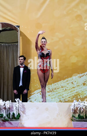 September 11, 2018: Aleksandra Soldatova of Â Russia getting silver medal at Individual Ball Final at the Arena Armeec in Sofia at the 36th FIG Rhythmic Gymnastics World Championships. Ulrik Pedersen/CSM Stock Photo