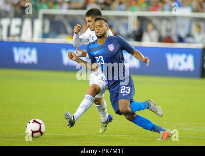 Nashville, TN, USA. 11th Sep, 2018. US midfielder, Kellyn Acosta (23), works for control of the ball, during the International Friendly match between Mexico and USA at Nissan Stadium in Nashville, TN. The US National team defeated Mexico, 1-0. Kevin Langley/CSM/Alamy Live News Stock Photo