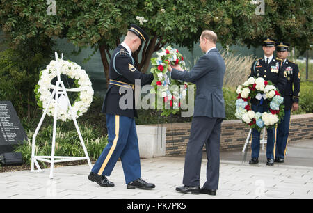 Washington, D.C, USA. 11th Sep, 2018. British Prince Edward, Earl of Wessex, lays a wreath before the Sept. 11 Pentagon Memorial Observance Ceremony at the Pentagon in Washington, DC, Sept. 11, 2018. During the Sept. 11, 2001, attacks, 184 people were killed at the Pentagon. (DoD Photo by U.S. Army Sgt. James K. McCann) US Joint Staff via globallookpress.com Credit: Us Joint Staff/Russian Look/ZUMA Wire/Alamy Live News Stock Photo