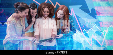 Composite image of smiling businesswomen discussing over tablet Stock Photo