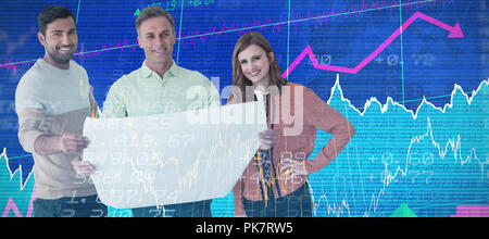 Composite image of portrait of business people with blueprint standing against white background Stock Photo