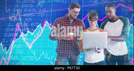 Composite image of businessmen discussing with businesswoman over laptop Stock Photo