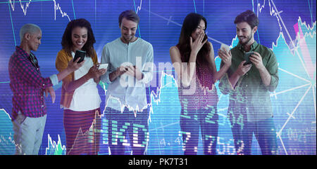 Composite image of happy co-workers team using smartphones Stock Photo