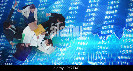 Composite image of high angle view of business people discussing while sitting against whitebackgrou Stock Photo