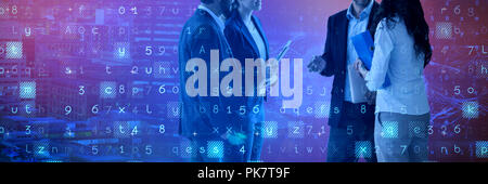 Composite image of full length of colleagues discussing against white background Stock Photo
