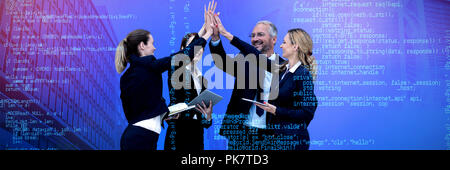 Composite image of happy business people giving high five against white background Stock Photo