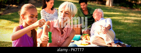Grand mother looking at her granddaughter blowing bubbles in the park Stock Photo