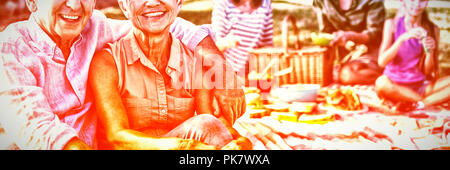 Portrait of happy senior couple sitting in the park Stock Photo