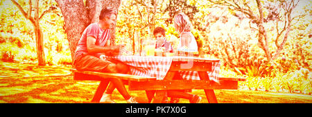 Happy family interacting with each other while having meal in park Stock Photo
