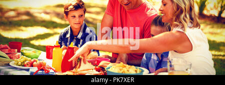 Happy family having meal in park Stock Photo