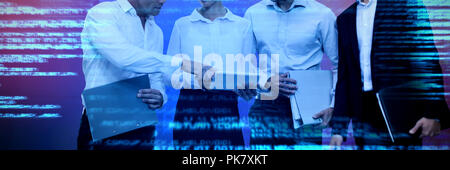 Composite image of business people holding files discussing over tablet Stock Photo