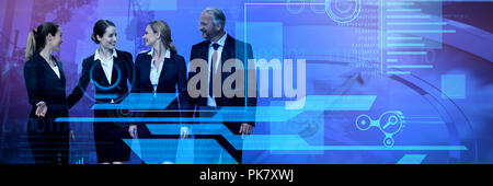 Composite image of businessman looking at female colleagues talking against white background Stock Photo
