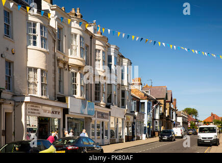UK, England, Yorkshire, Filey, Belle Vue Street, shops with empty parking spaces outside Stock Photo