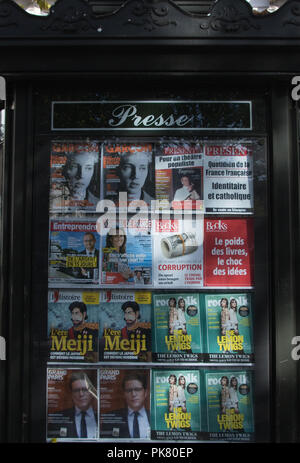 Paris, France - September 11, 2018: Kiosk with french printed press media at Place Monge in Paris Stock Photo