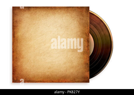 Old grunge vinyl record in a paper case, isolated on white. Path included. Stock Photo
