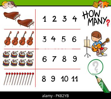 Cartoon Illustration of Educational How Many Counting Activity for Children with Musical Instruments Stock Vector