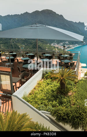 View from the terrace restaurant. Ravello, scenic view of the Amalfi Coast from Villa Rufolo. Italy. Stock Photo