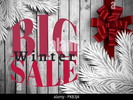 Winter Sale red ribbon and branches of a fir in white Stock Photo