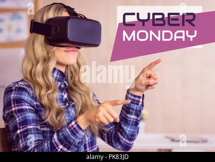 Cyber Monday Sale Woman in plaid shirt using Augmented Reality Stock Photo
