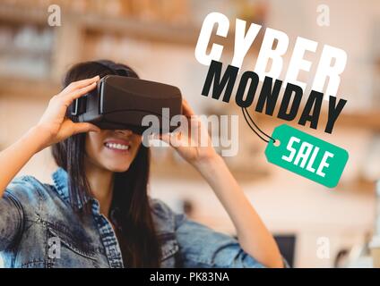 Cyber Monday Sale Woman using Augmented Reality Stock Photo