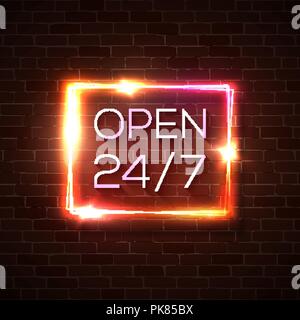 Neon open 24 hours 7 days a week sign in geometric rectangle shape on brick wall background. Round the clock working cocktail bar signboard. Red and purple bright 3d retro vintage vector illustration. Stock Vector