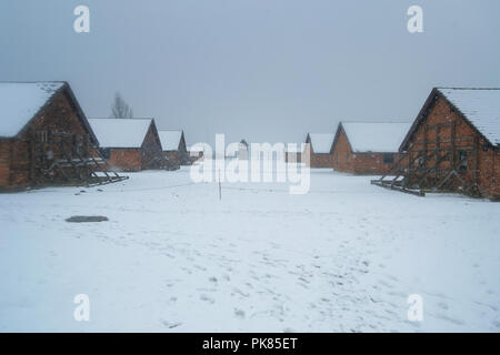 Auschwitz, Poland - February 16, 2018: Barracks of the Auschwitz Birkenau in Winter Stock Photo