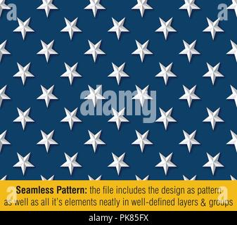 Vector Seamless Pattern of the Stars of the American Flag Embossed, elevated from the background with drop shadow. The file includes the pattern and t Stock Vector