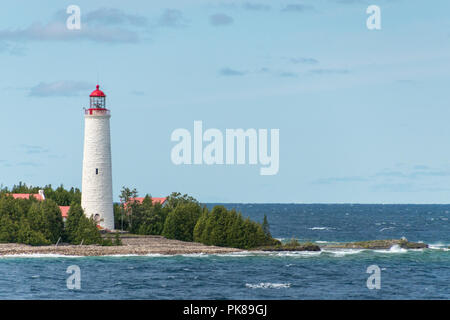 Cove Island Lighthouse Tobermory, Bruce Peninsula Landscape along lake shore Stock Photo