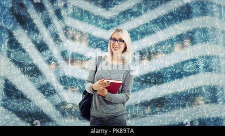 Student girl wearing glasses and a backpack holding book. Difficult mathematics calculation, formula and equations floating around head. Thinking of p Stock Photo