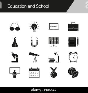 Education and School icons. Design for presentation, graphic design, mobile application, web design, infographics. Vector illustration. Stock Vector