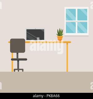 Workspace with laptop and little tree vector illustration.Modern room with working zone Stock Vector