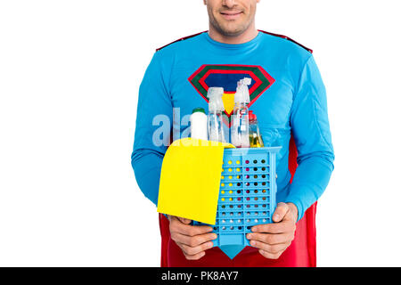 cropped shot of smiling  holding cleaning items isolated on white Stock Photo