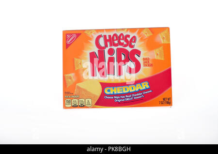 Box of Nabisco Cheese Nips cheddar cheese snack crackers on white Stock Photo