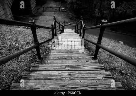 Stairs B&W BW going down from the historic Echo Bridge in Newton, Upper Falls, MA Stock Photo