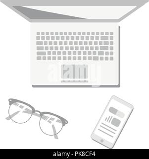 white scene abstract laptop camera glasses pen smart phone 3d rendering technology concept Stock Vector