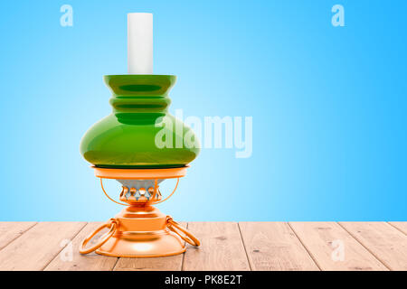Kerosene lamp on the wooden table. 3D rendering Stock Photo