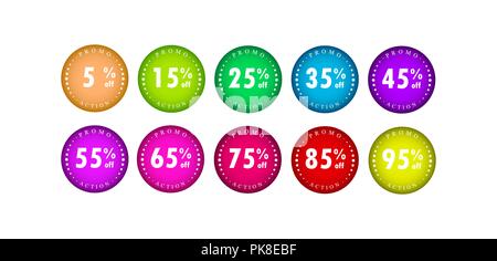 A set of flat gradient icons with an inscription promo stock and a numerical value of discounts Stock Vector