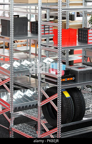 Storage room with new metal shelving system Stock Photo