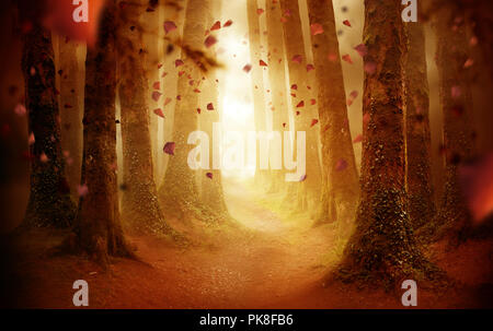 A tree lined pathway leading into a autumn coloured forest with falling leaves as the sun shines through. Photo composite. Stock Photo