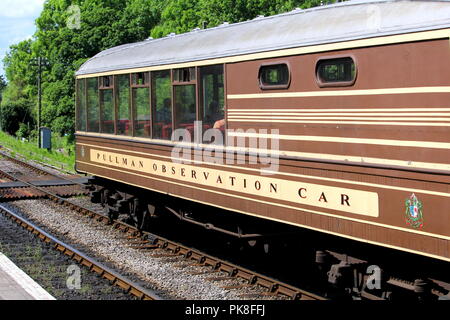 Corfe, England - June 03 2018: The Pullman Observation Car waiting in Corfe Castle Station on the Swanage Steam Railway in Dorset Stock Photo