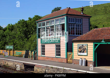 Corfe, England - June 03 2018: The signal box on the platform at Corfe Castle station, on the Swanage Railway in Dorset Stock Photo