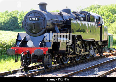 Corfe, England - June 03 2018: BR 2-6-4T Class 4MT No. 80104 steam locomotive at Corfe Castle station, on the Swanage Railway in Dorset Stock Photo
