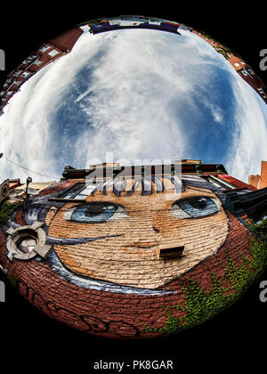 Montreal, Street art painted wall, manga girl looking at the sky big face landscape quebec, canada, artistic plateau mont-royal Stock Photo