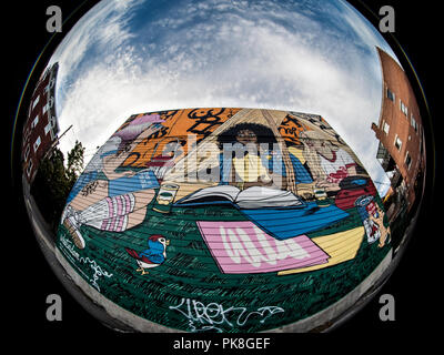 super huge graffiti street art on a building in Montreal, Canada fisheye Stock Photo