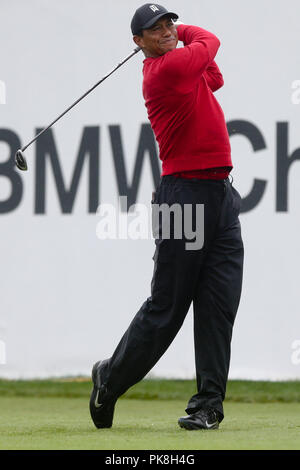 NEWTOWN SQUARE, PA-SEP 10: Tiger Woods tees off the 18th hole during the final round of the 2018 BMW Championship at Aronimink Golf Club. Stock Photo