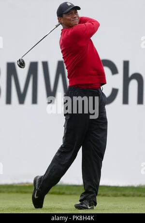 NEWTOWN SQUARE, PA-SEP 10: Tiger Woods tees off the 18th hole during the final round of the 2018 BMW Championship at Aronimink Golf Club. Stock Photo