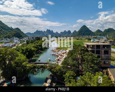 Aerial view of the beautiful day at Ynagshuo Lijiang River where many tourists come for the idyllic scenery. Stock Photo
