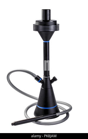 Modern black hookah isolated on white background. Eastern smokable water pipe smoking on white background. Black hookah with black rubber tube and bla Stock Photo