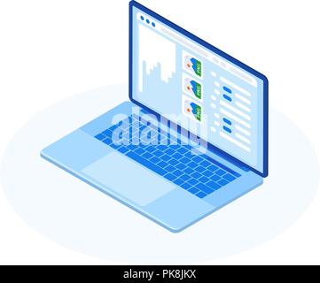 Isometric illustration of website coding process with computer, smartphone and tablet pc on yellow background Stock Vector